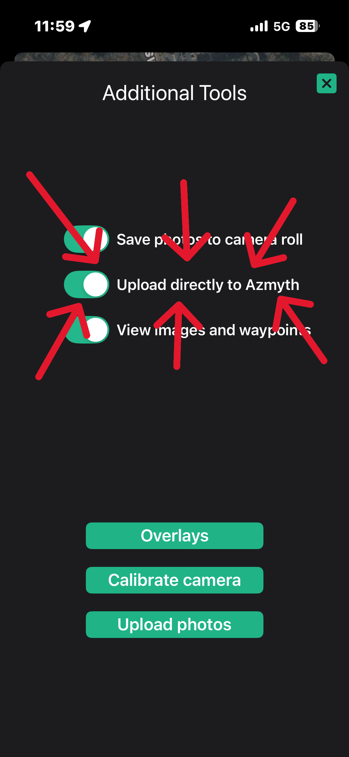 In app screenshot of the sync menu with all options turned on